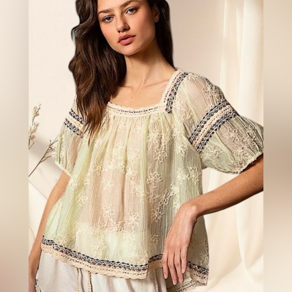 POL Sheer Sage Embroidered Lace Top | Romantic Bohemian Blouse